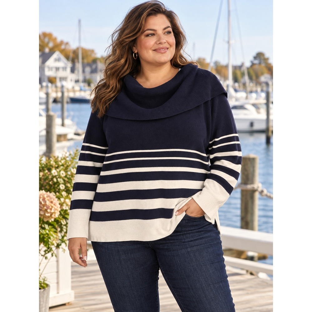 Tommy Hilfiger Cowl Neck Sweater Women 2X Navy Cream Striped Coastal Nautical